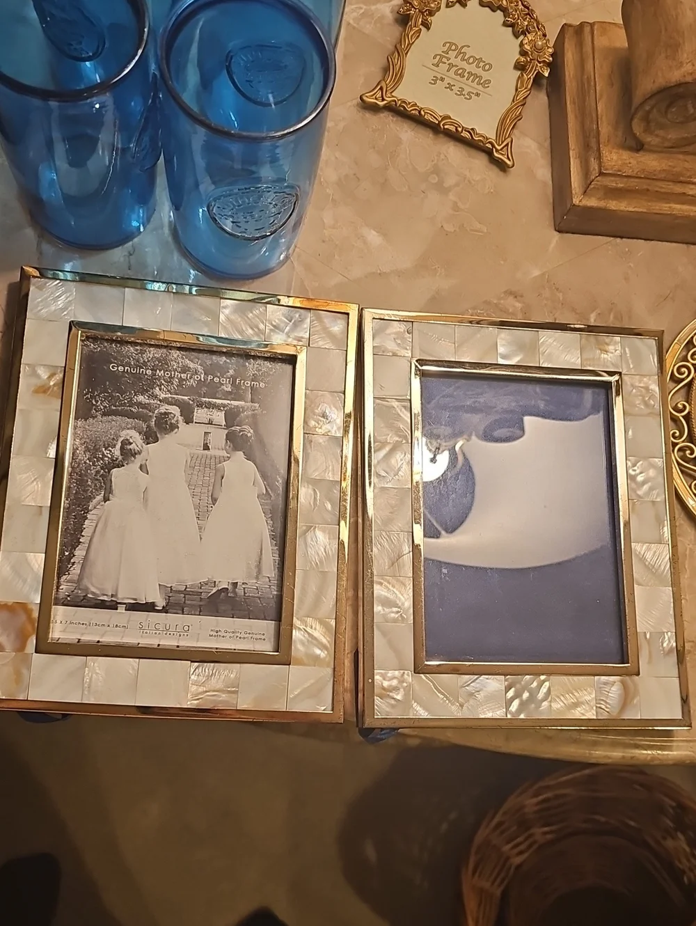 Set Of 2 Genuine Mother of Pearl Inlay Picture Frames - White & Gold